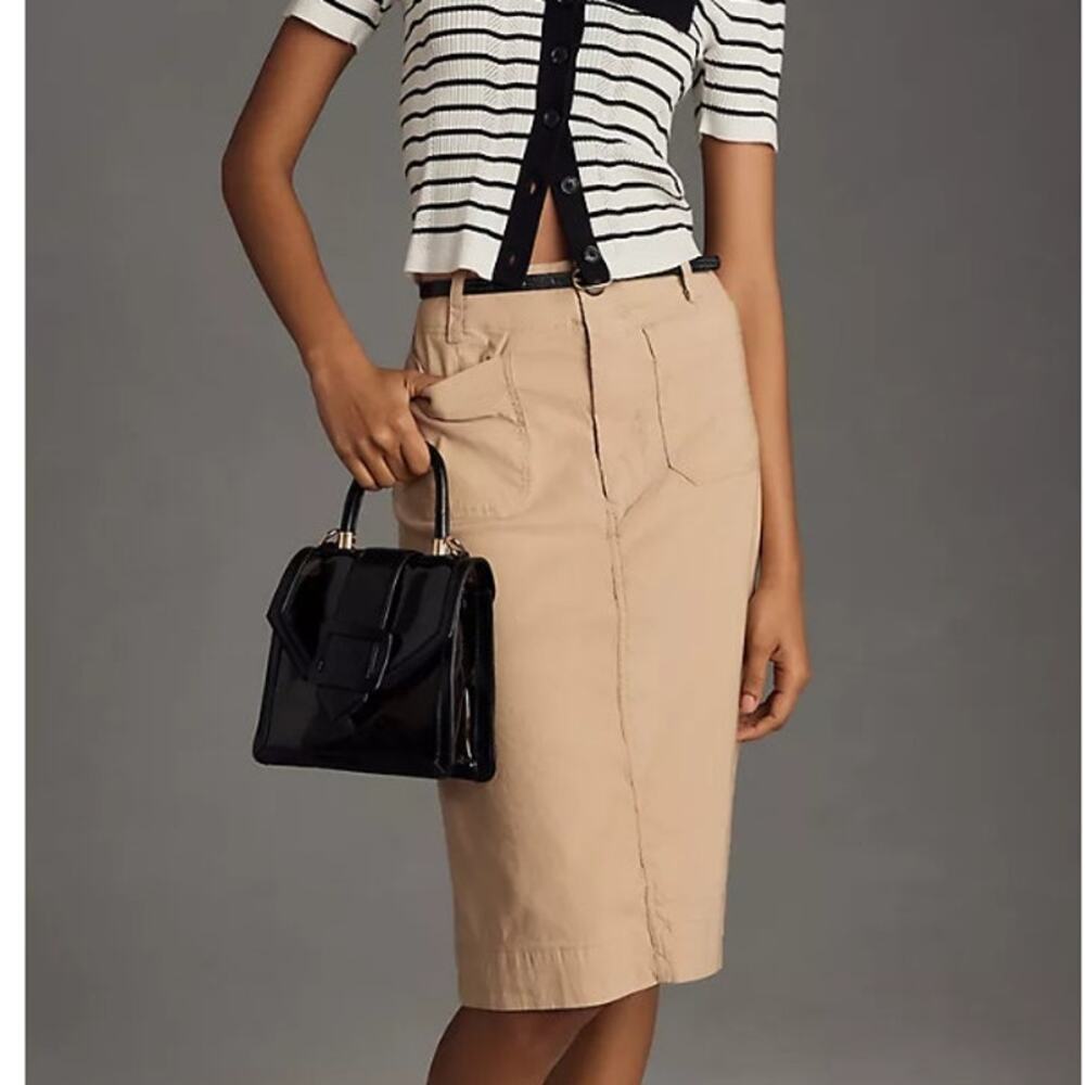 Anthropologie Maeve Colette Skirt XS Linen Blend Tan Beige Utility A-Line Midi